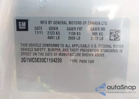 2012 Chevrolet Impala Ltz z USA, uszkodzony, nr VIN 2G1WC5E30C1194239